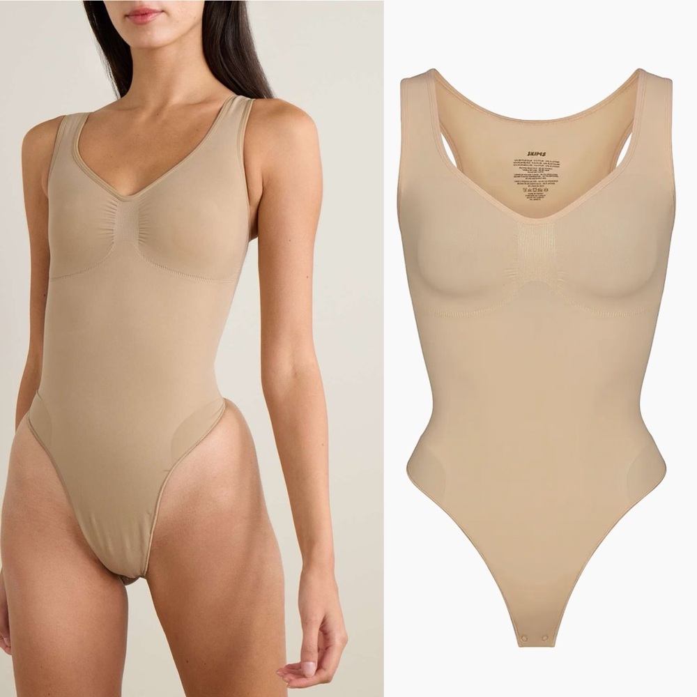 Skims Seamless‎ Sculpt Scoop Neck Thong Bodysuit thick strap Clay Size S NWOB